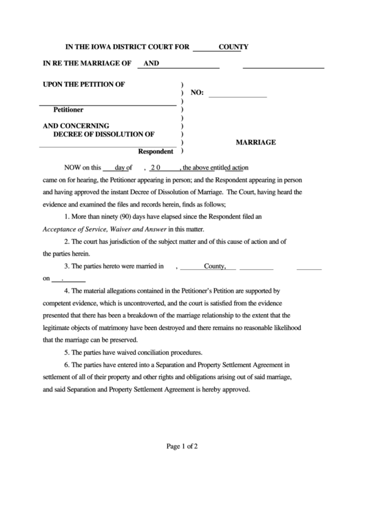 Fillable Decree Of Dissolution Of Marriage Printable pdf