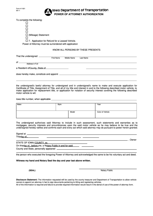 Fillable Iowa Department Of Transportation Power Of Attorney Authorization Printable pdf