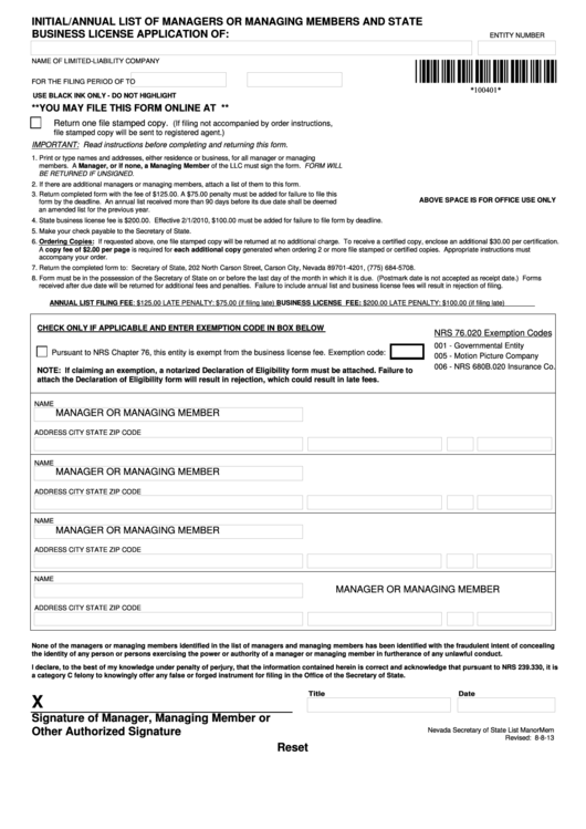 Fillable Initial List/annual List And State Business License Application Form - Nevada Secretary Of State Printable pdf