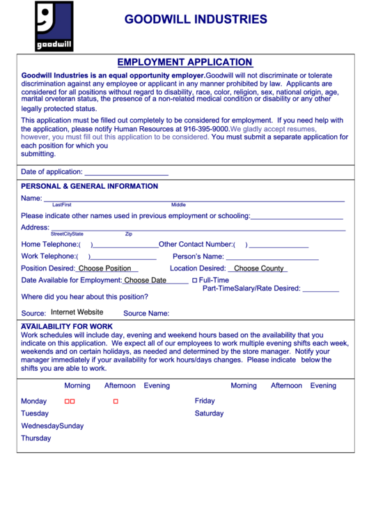 Fillable Goodwill Employment Application Printable Pdf Download 1124