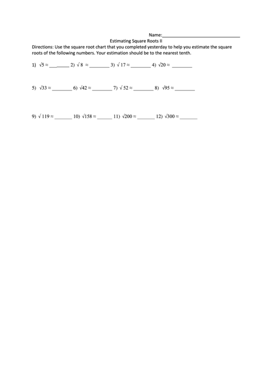 Estimating Square Roots Worksheet Printable pdf