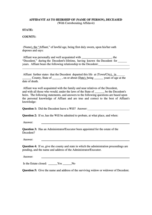 Affidavit As To Heirship Of Printable pdf