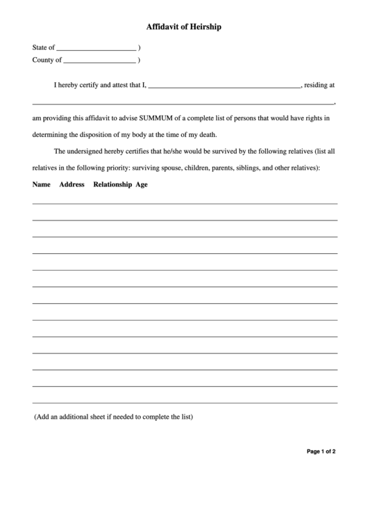 Affidavit Of Heirship Printable pdf