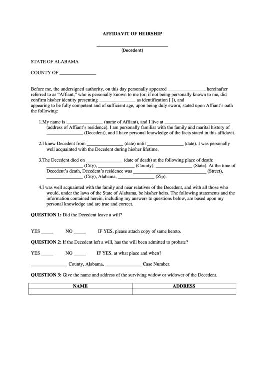 Affidavit Of Heirship Printable pdf