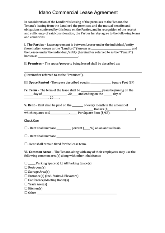 Fillable Idaho Commercial Lease Agreement Template Printable pdf