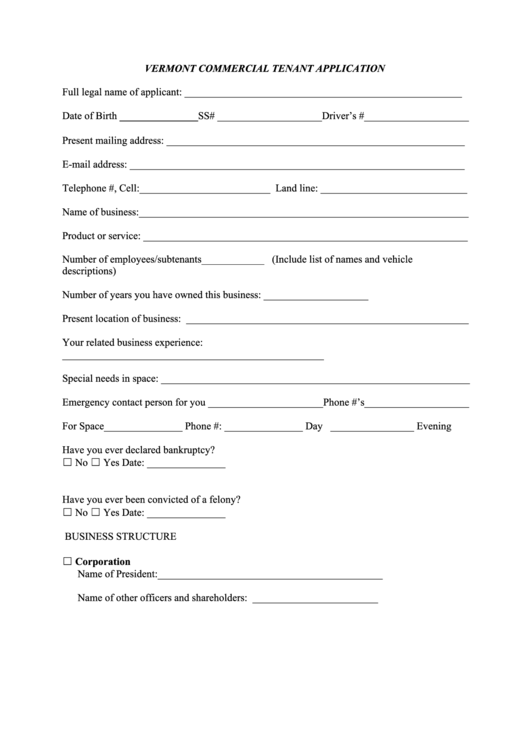 Fillable Vermont Commercial Tenant Application Printable pdf