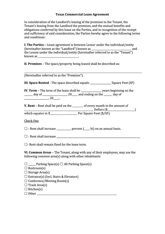 Fillable Texas Commercial Lease Agreement Template Printable pdf