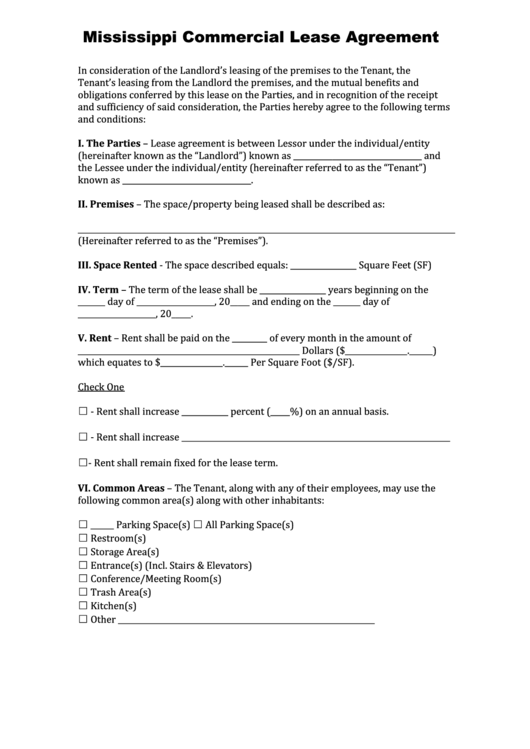 Fillable Mississippi Commercial Lease Agreement Template printable pdf