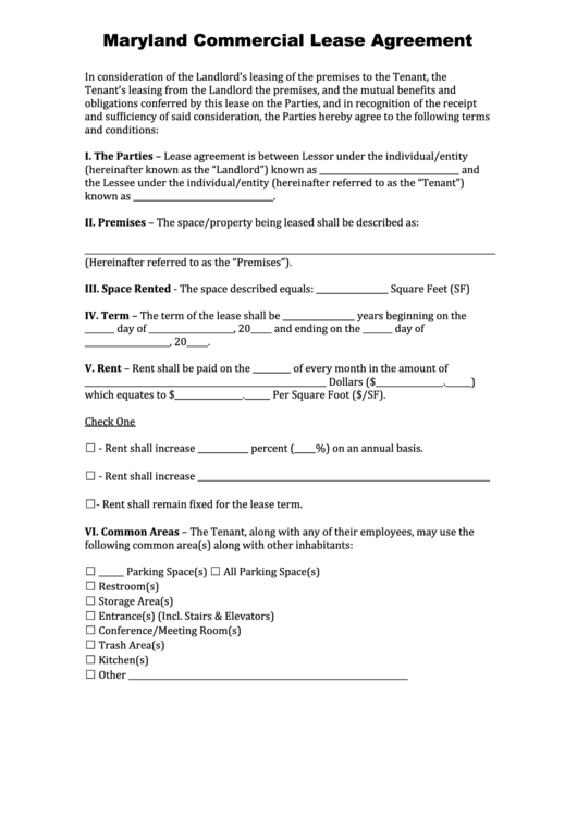 Fillable Maryland Commercial Lease Agreement Template Printable pdf