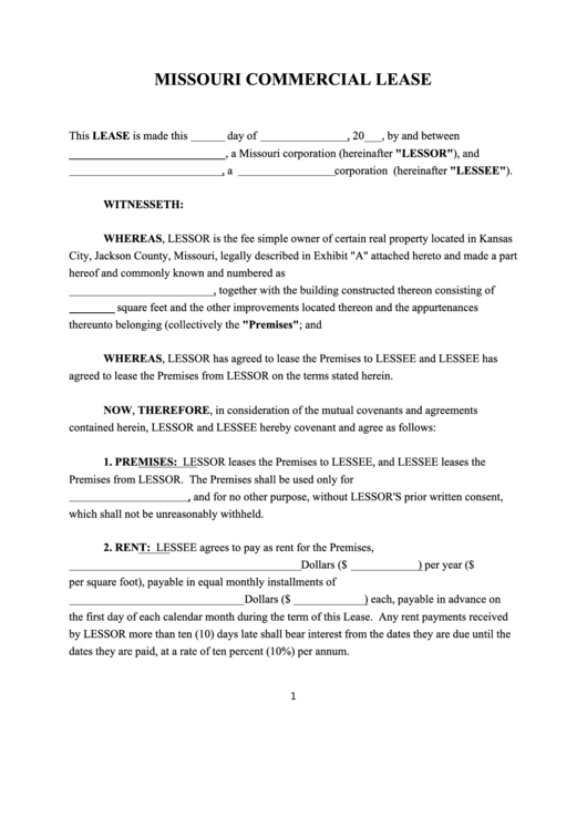 Fillable Missouri Commercial Lease Template Printable pdf