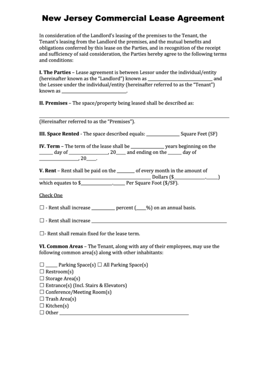 Fillable New Jersey Commercial Lease Agreement Template printable pdf
