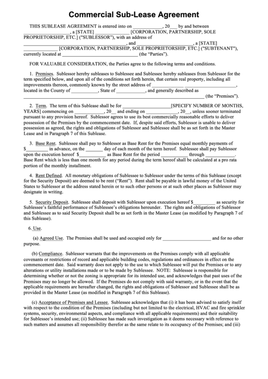 Fillable Commercial Sub Lease Agreement Printable pdf