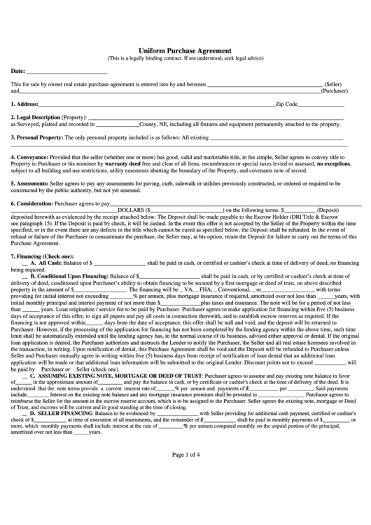 Fillable Uniform Purchase Agreement Printable pdf