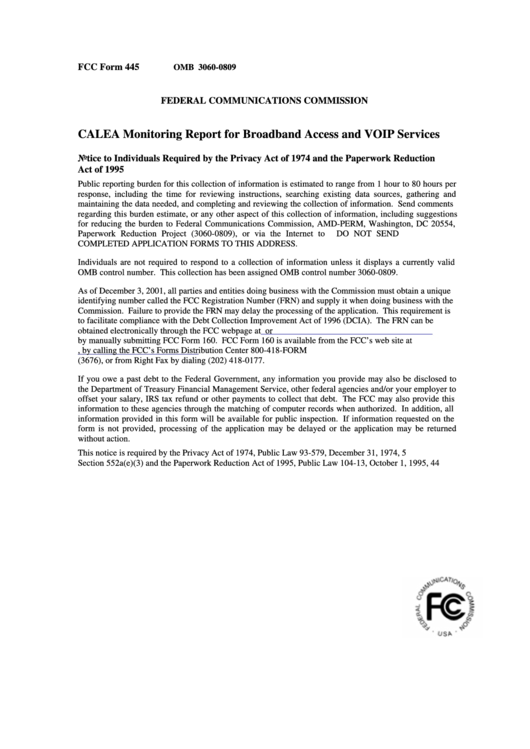 Fcc Form 445 - Calea Monitoring Report For Broadband And Voip Services Form Printable pdf