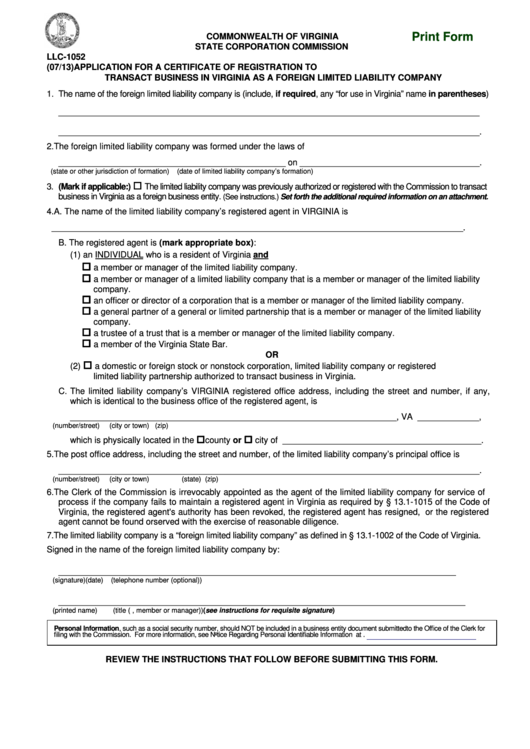 Fillable Orm Llc-1052 - Application For A Certificate Of Registration To Transact Business In Virginia As A Foreign Limited Liability Company Printable pdf