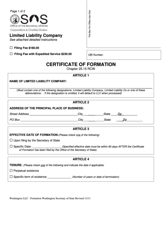 Fillable Limited Liability Company Certificate Of Formation - Washington Secretary Of State Printable pdf