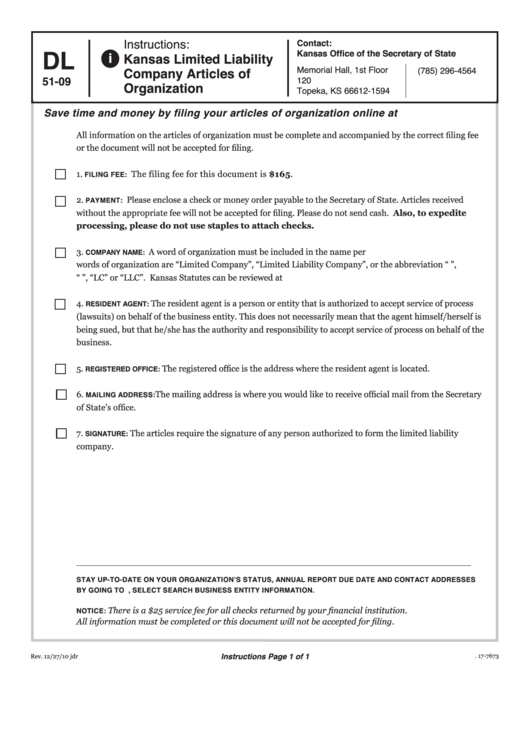 Fillable Form Dl 51-09 - Kansas Llc Articles Of Organization - 2010 Printable pdf