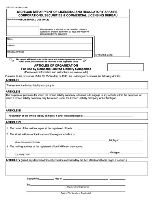Fillable Form Cscl/cd-700 - Articles Of Organization For Use By Domestic Limited Liability Companies - 2014 Printable pdf