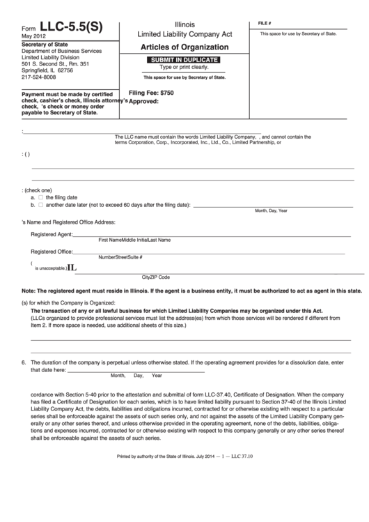 Fillable Form Llc-5.5(S) - Articles Of Organization - 2012 Printable pdf