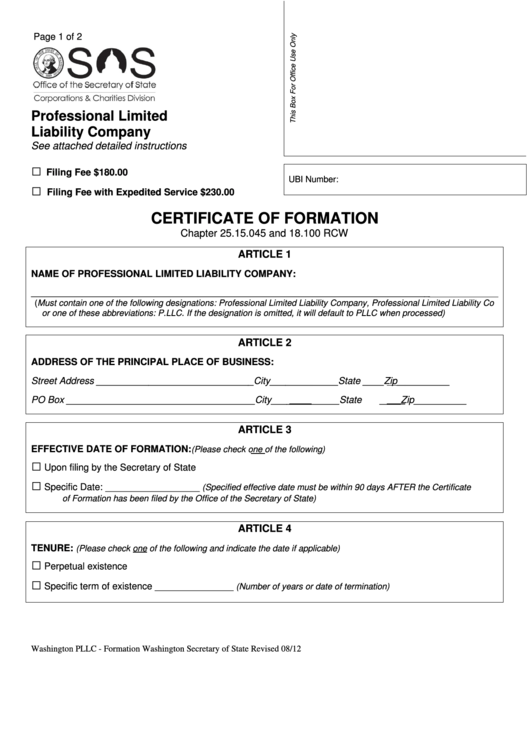 Fillable Professional Limited Liability Company Certificate Of Formation - Washington Secretary Of State Printable pdf