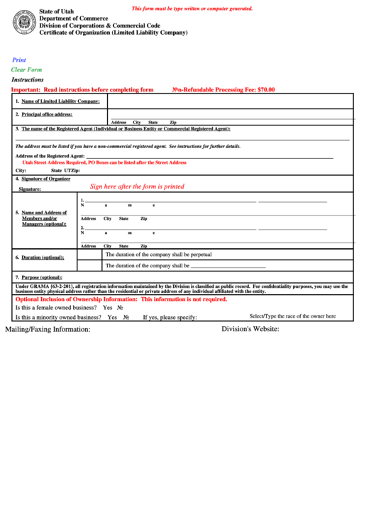 Fillable Certificate Of Organization Form (Limited Liability Company) - Department Of Commerce Printable pdf