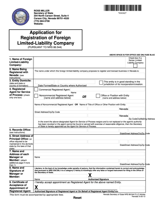 Application For Registration Of Foreign Llc - Nevada Secretary Of State