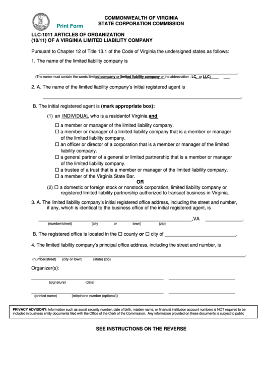 Fillable Form Llc-1011 - Articles Of Organization Of A Virginia Limited Liability Company Printable pdf