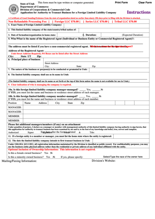 Fillable Application For Authority To Transact Business For A Foreign Limited Liability Company Form Printable pdf