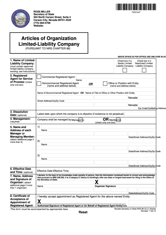 Fillable Articles Of Organization Llc Pursuant To Nrs Chapter 86 - Nevada Secretary Of State Printable pdf