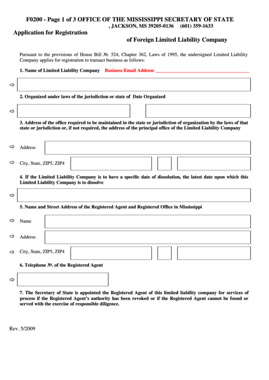 Fillable Form F0200 - Application For Registration Of Foreign Limited Liability Company Printable pdf