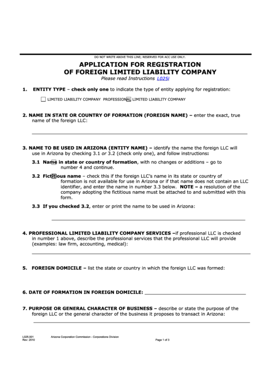 Fillable Form L025.001 - Application For Registration Of Foreign Limited Liability Company - 2010 Printable pdf