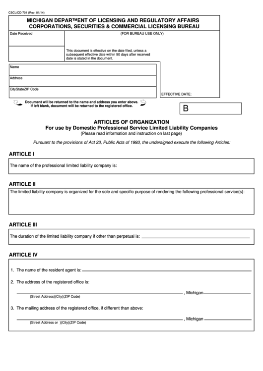 Fillable Form Cscl/cd-701 - Articles Of Organization For Use By Domestic Professional Service Limited Liability Companies Printable pdf