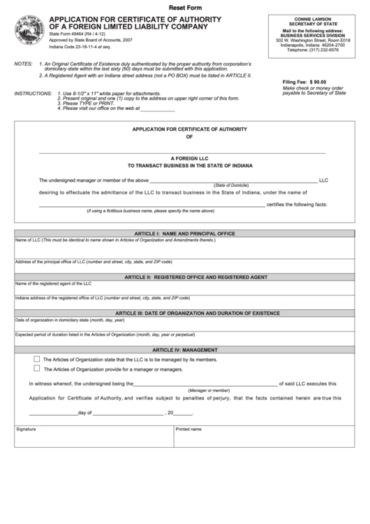Fillable Form 49464 - Of A New Hampshire Limited Liability Company Of A New Hampshire Limited Liability Company - 2012 Printable pdf