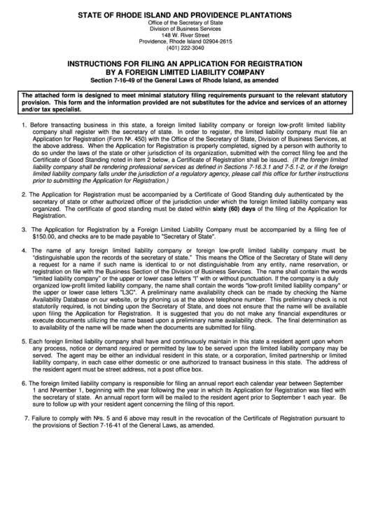 Fillable Form 450 - Llc Application For Registration - 2012 Printable pdf