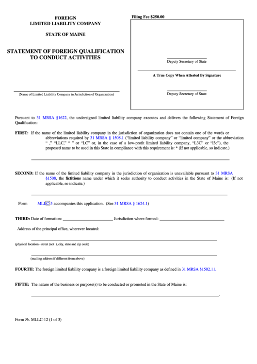 Fillable Form Mllc-12 - Foreign Limited Liability Company - Statement Of Foreign Qualification To Conduct Activities/filer Contact Cover Letter Template Printable pdf