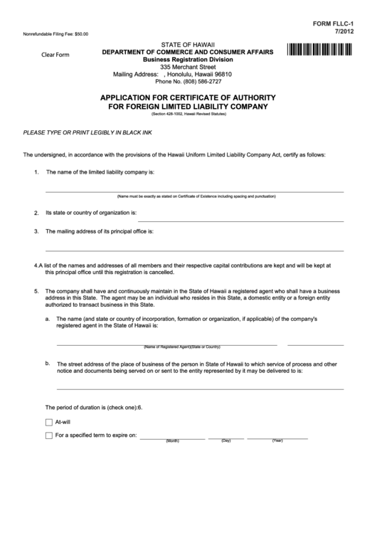 Fillable Form Fllc-1 - Application For Certificate Of Authority For Foreign Limited Liability Company Printable pdf