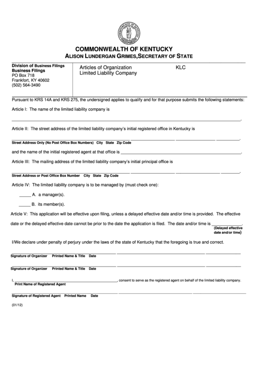 Form Klc - Articles Of Organization Limited Liability Company With Instructions - 2012 Printable pdf