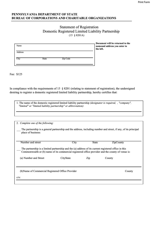 Fillable Form Dscb:15-8201a-2 - Statement Of Registration Domestic Registered Limited Liability Partnership Printable pdf