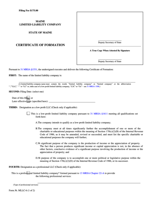 Fillable Form Mllc-6 - Limited Liability Company - Certificate Of Formation/filer Contact Cover Letter Template - 2012 Printable pdf