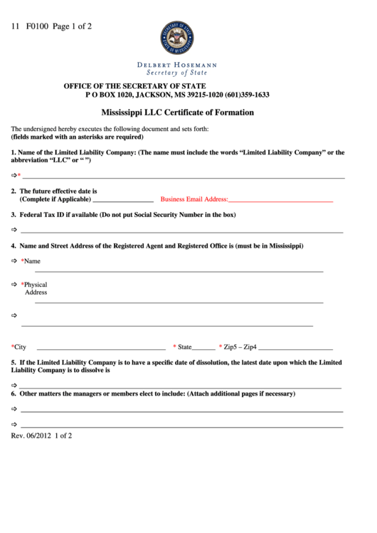 Fillable Mississippi Llc Certificate Of Formation Printable pdf
