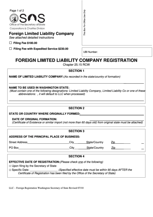Fillable Foreign Limited Liability Company Registration - Washington Secretary Of State - 2010 Printable pdf