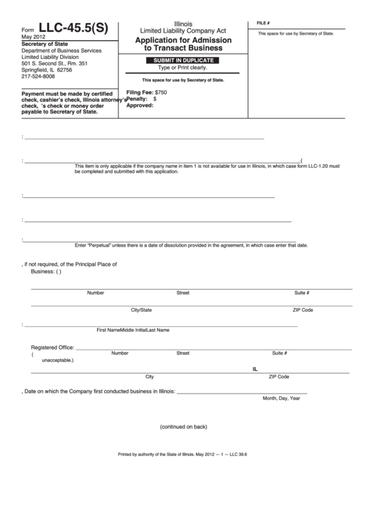 Fillable Form Llc-45.5(S) - Application For Admission To Transact ...