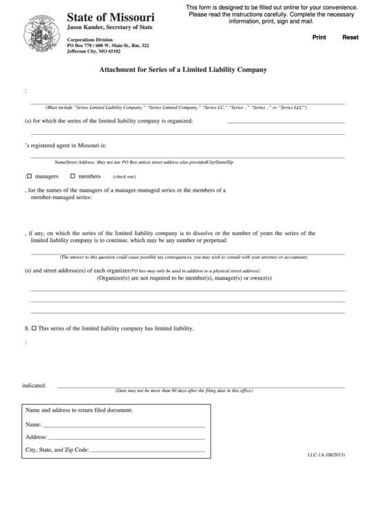 Fillable Attachment For Series Of A Limited Liability Company Printable pdf