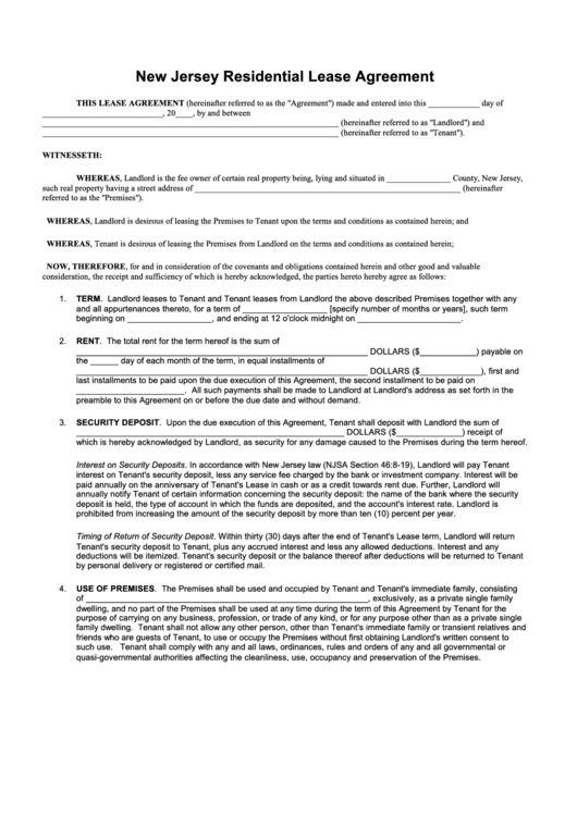 Fillable New Jersey Residential Lease Agreement Printable pdf