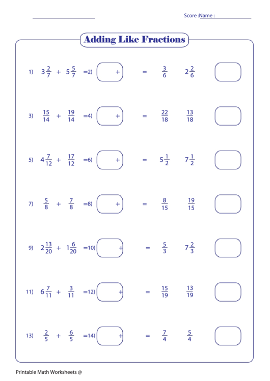 Adding Like Fractions printable pdf download