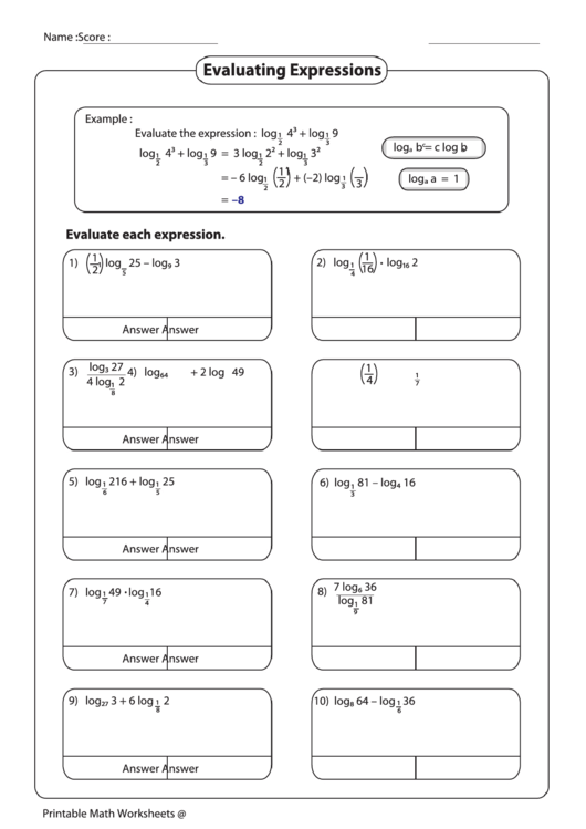 Evaluating Expressions Worksheet printable pdf download