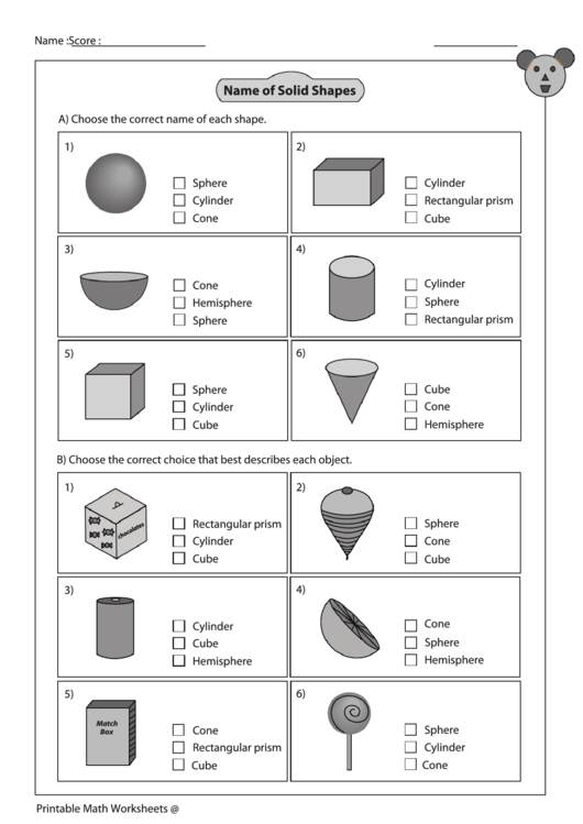 Name Of Solid Shapes Worksheet With Answer Key Printable pdf