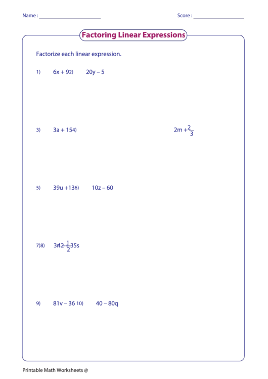 Factoring Linear Expressions Worksheet Printable pdf