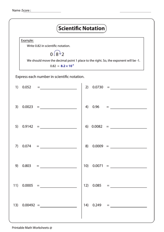 Expressing Numbers In Scientific Notation Worksheet With Answer Key Printable pdf