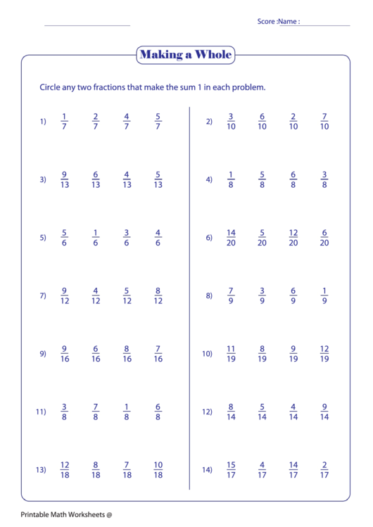 Making A Whole - Fraction Worksheet printable pdf download